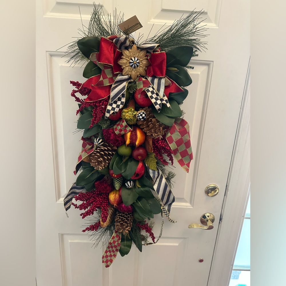 Mackenzie Childs Estate Barn Holiday  with Red and Green Check ribbons 33"x16"